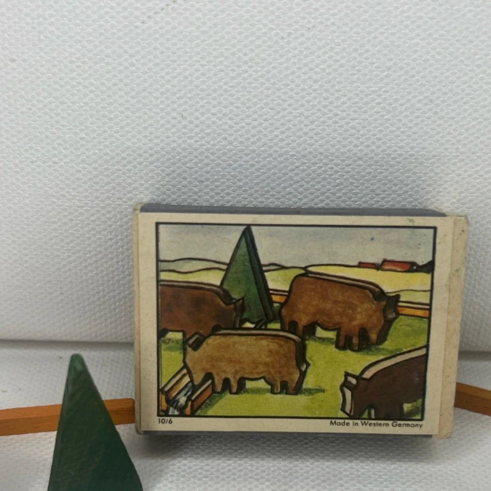 Vintage Wooden Buffalo Play Set w/ 4 Figures, Fence & Tree, Made Western Germany